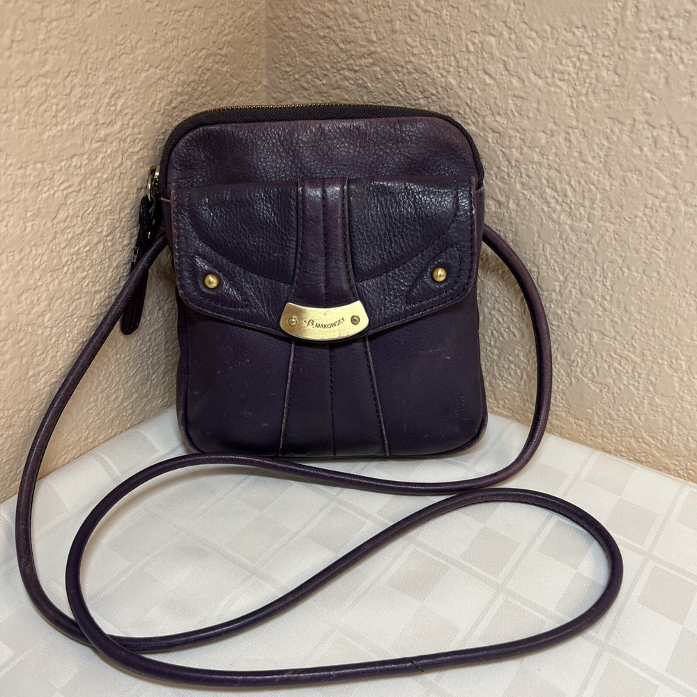 B. Makowski Multi Pocket Purple Genuine‎ Leather Crossbody Purse Distressed Boho